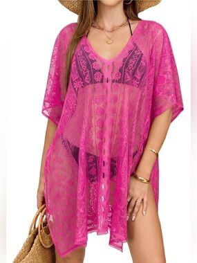 V Neck Lace Beach Cover Up in Pink